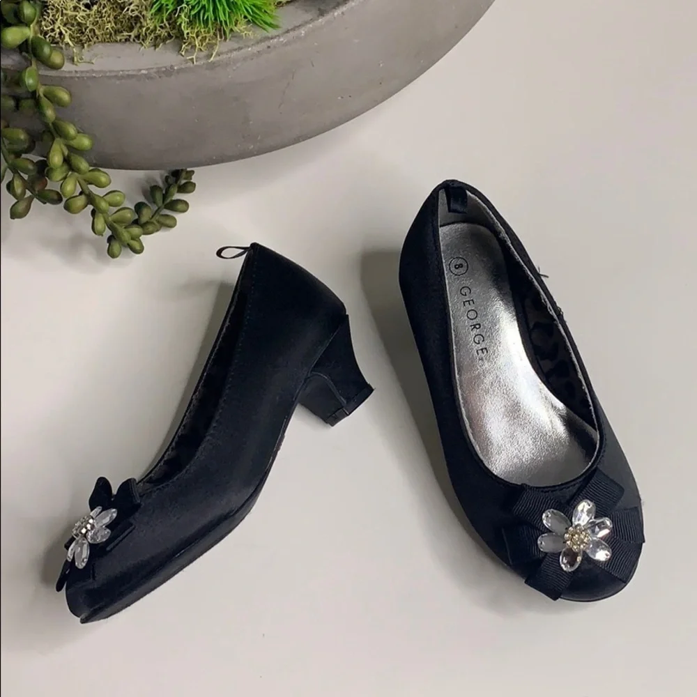 Satin Black Crystal Flower kitten heel girl party holiday shoes toddler 8